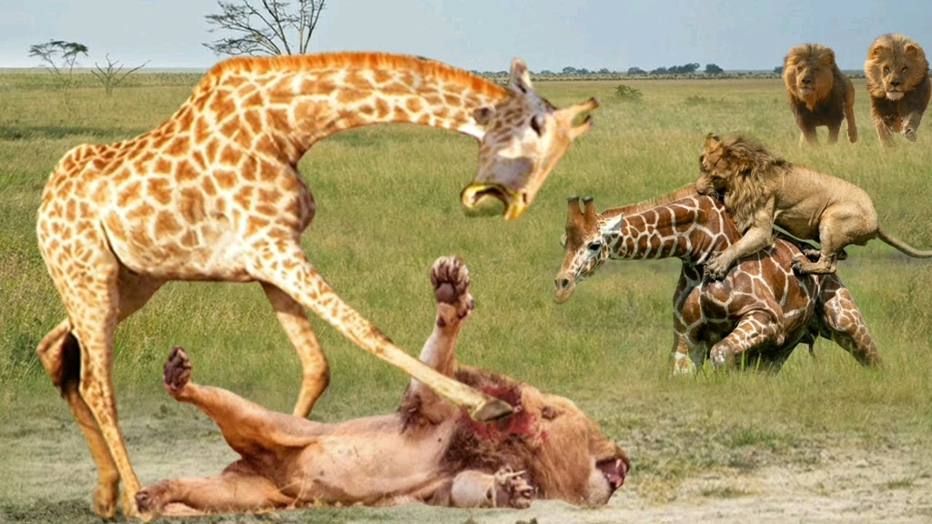 长颈鹿被狮子偷袭,愤怒的长颈鹿用无影腿狂踢狮子
