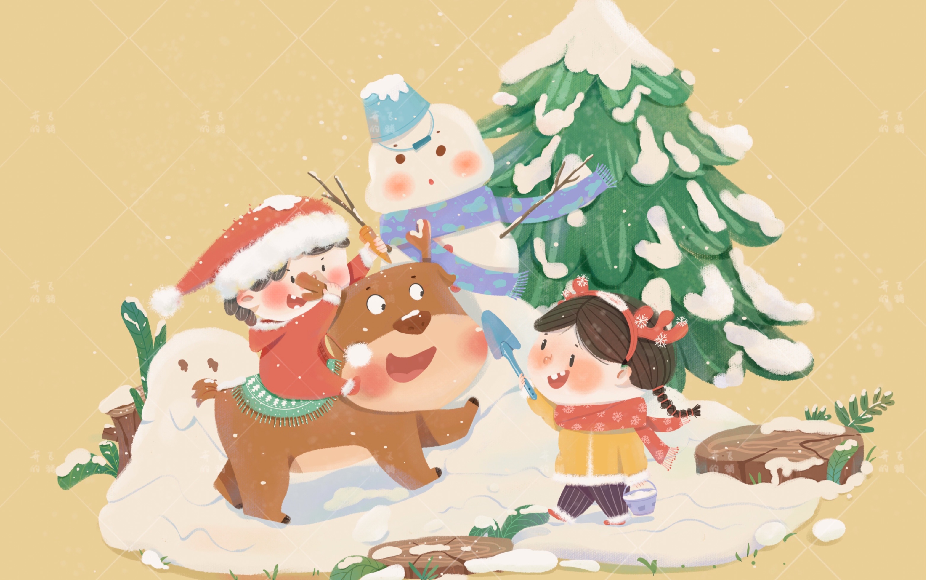 儿童插画圣诞系列-堆雪人