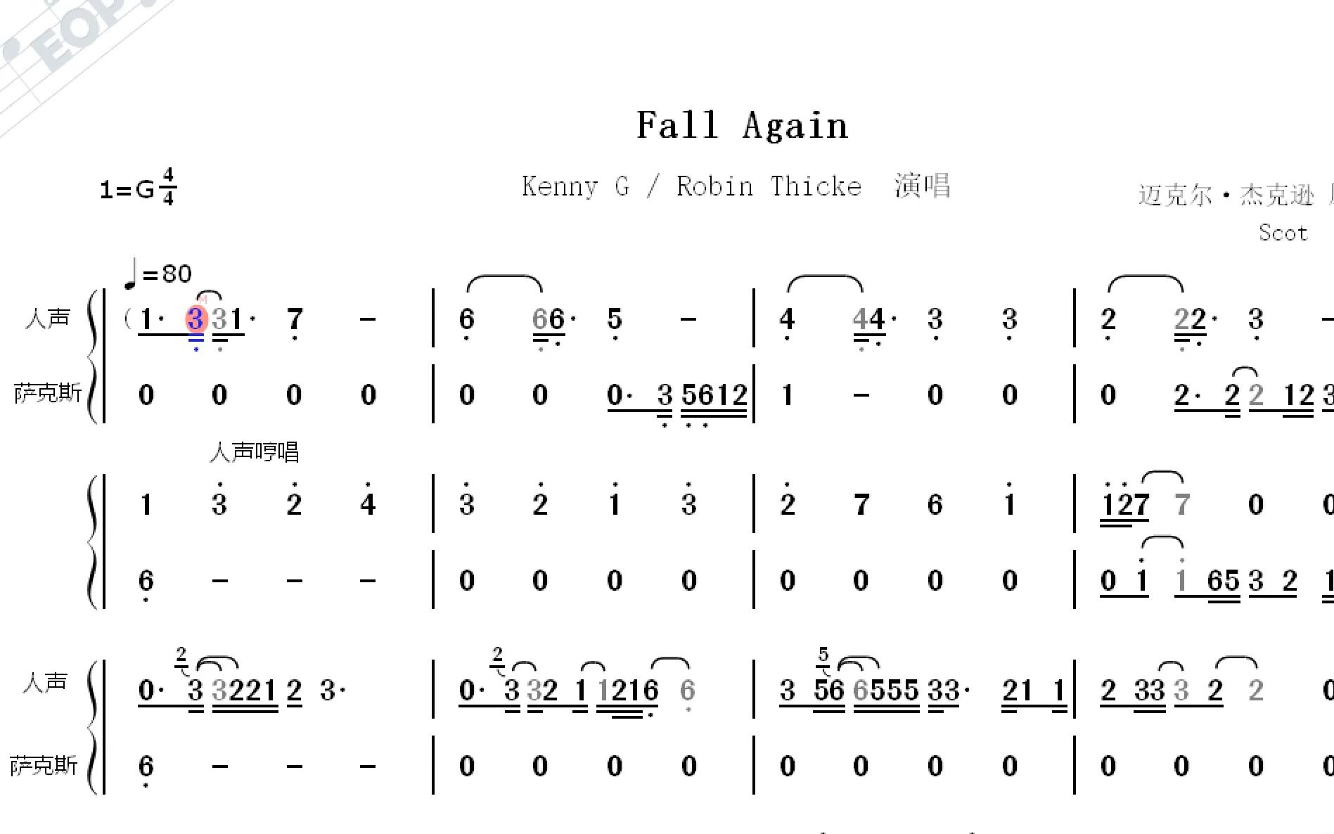 【肯尼基萨克斯音乐】fall again - 人声 萨克斯二声部动态简谱