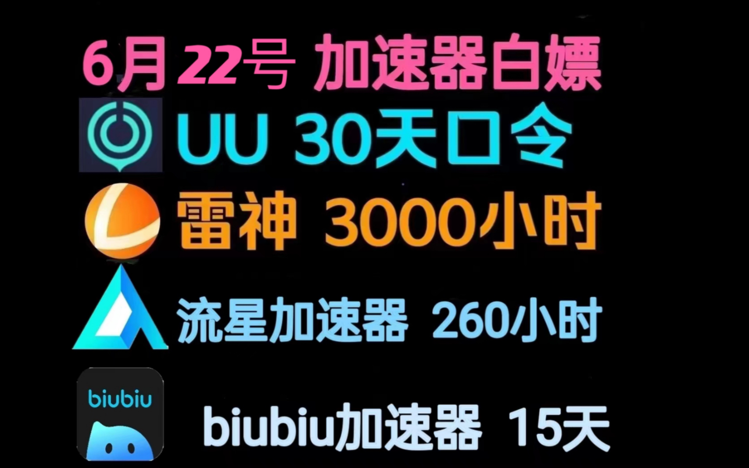 最新UU,biubiu,雷神,流星加速器50小时免费时长兑换码,人人都可免费白嫖的雷神迅游各牌时长兑换码白嫖uu月卡免费兑换网易UU加速器时长口令哔哩...