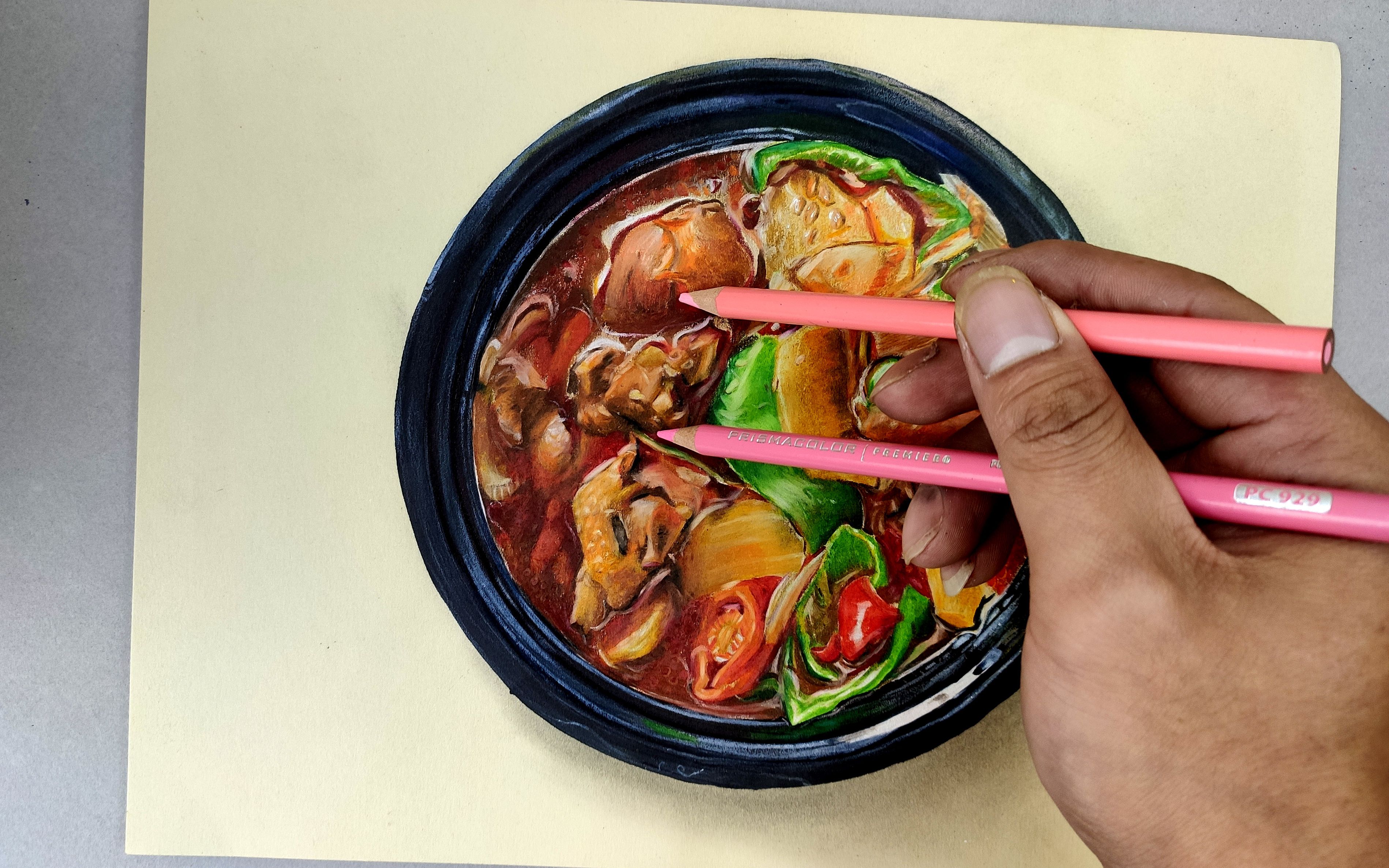 活动作品彩铅写实手绘画一份辣子鸡