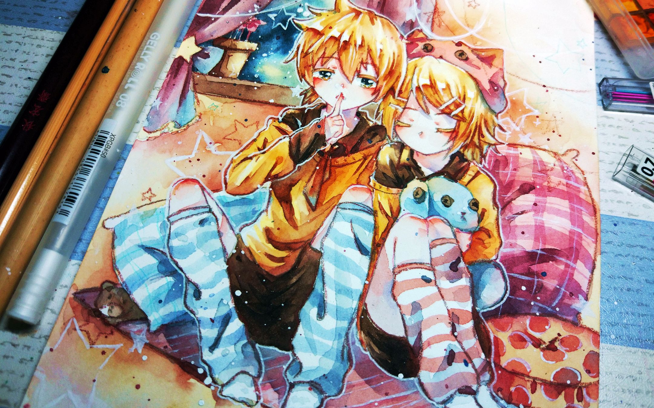 暄手绘镜音双子第n弹www水彩手绘上色过程