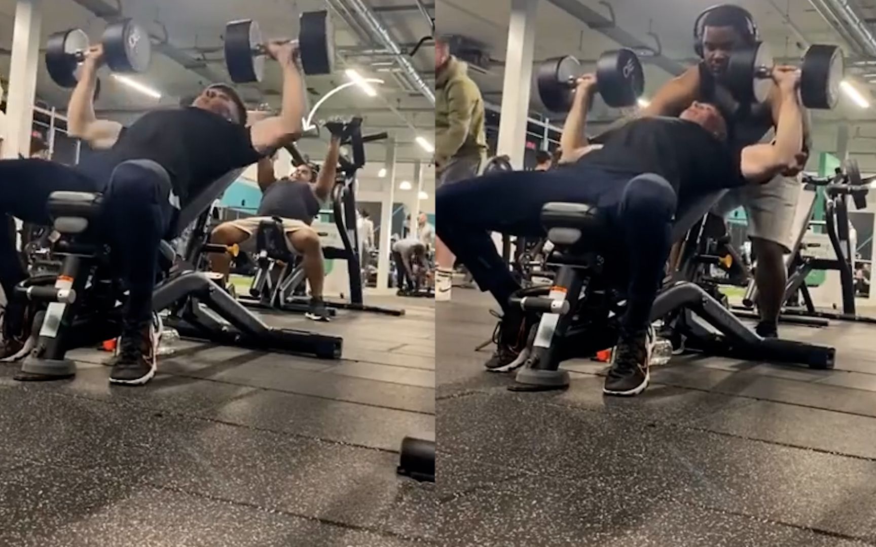 国外男子健身房举铁吃力,身后小哥上前,一举动引网友无数好评_哔哩