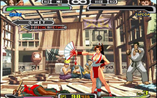 [图]PS1《CAPCOM vs SNK 2000 PRO》(日版)二对二模式最高难度不知火舞和东丈全胜通关