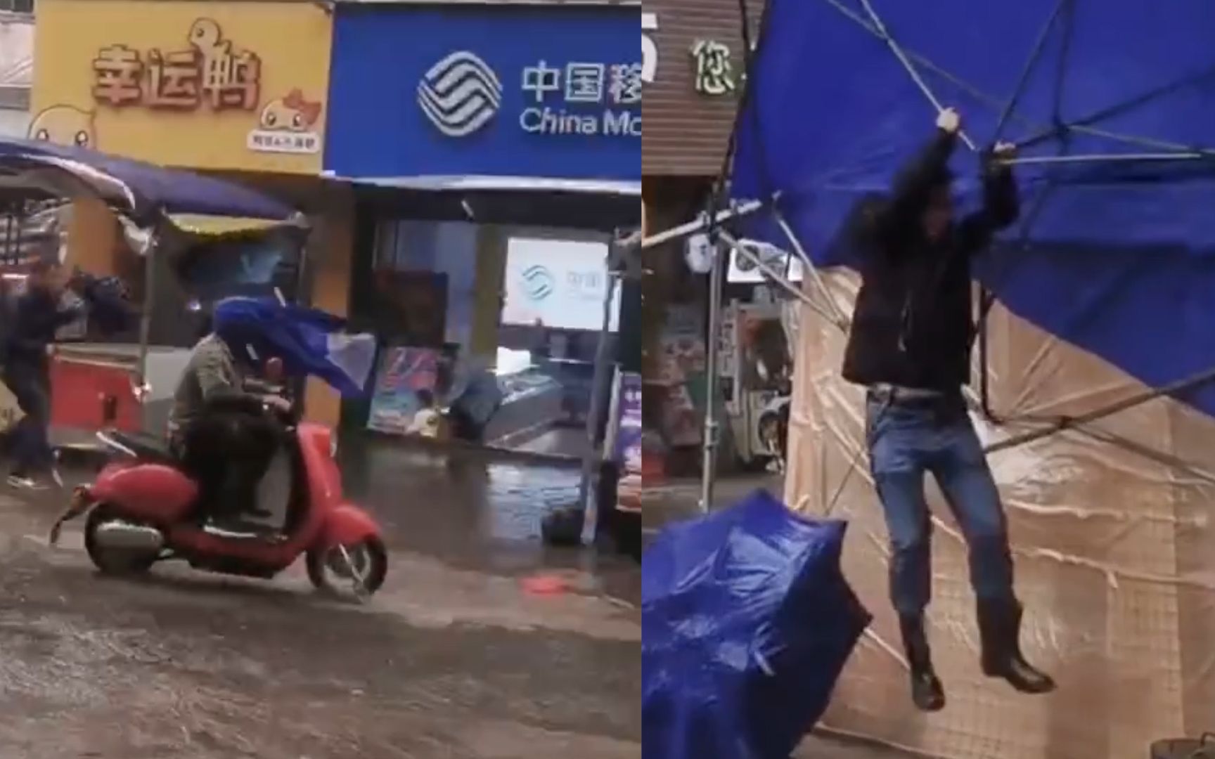 [图]广西桂林大风暴雨袭城，小贩手抓雨棚被吹得双脚离地，惊险一幕曝光