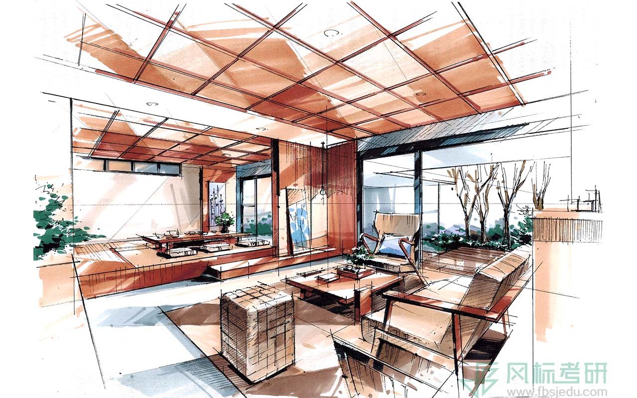 环境艺术设计考研手绘:日式茶室空间设计