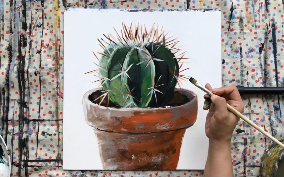 【丙烯画】【绘画教程】如何画仙人球-easy how to paint a cactus in