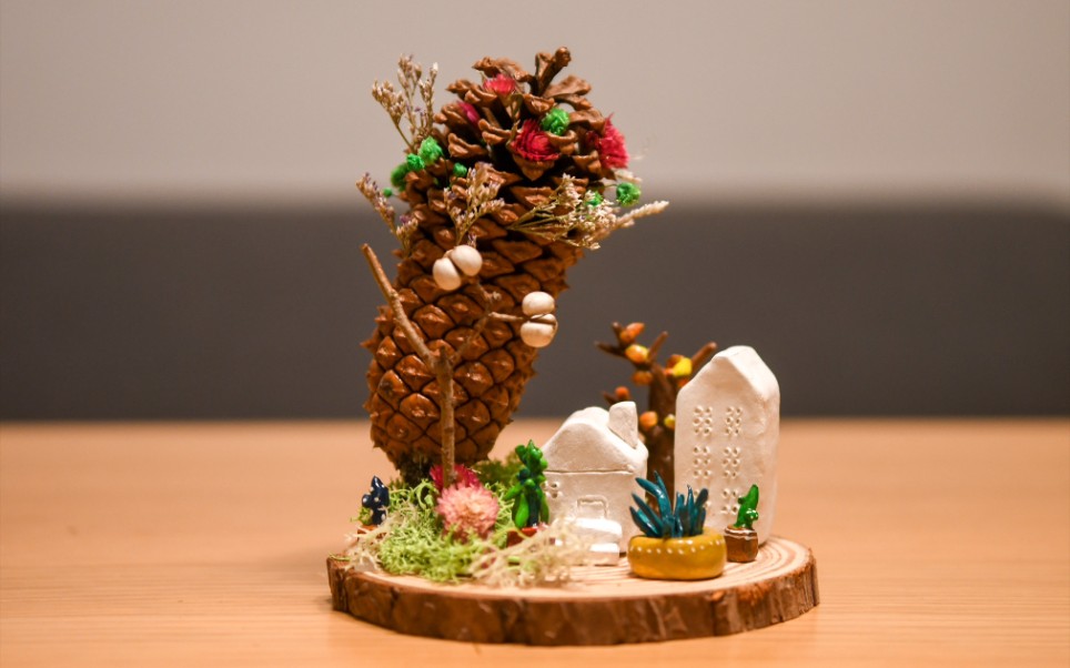 捡了一堆松果,换着花样玩,松果与石塑粘土搭建一个家园