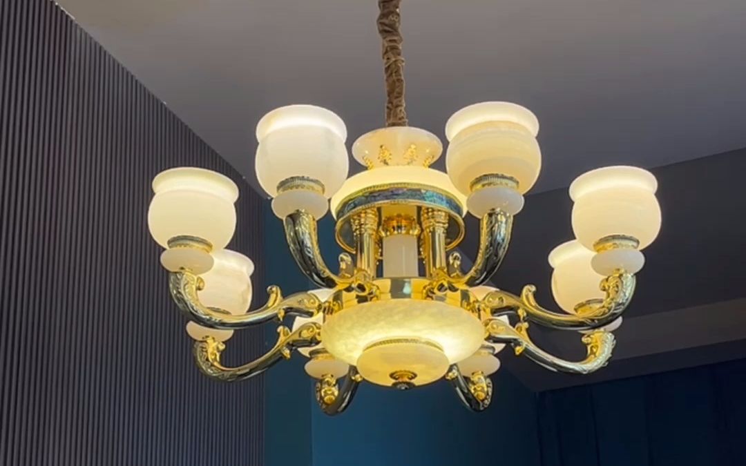 欧式全铜别墅客厅玉石灯饰家用法式豪华大气餐厅纯铜天然云石灯