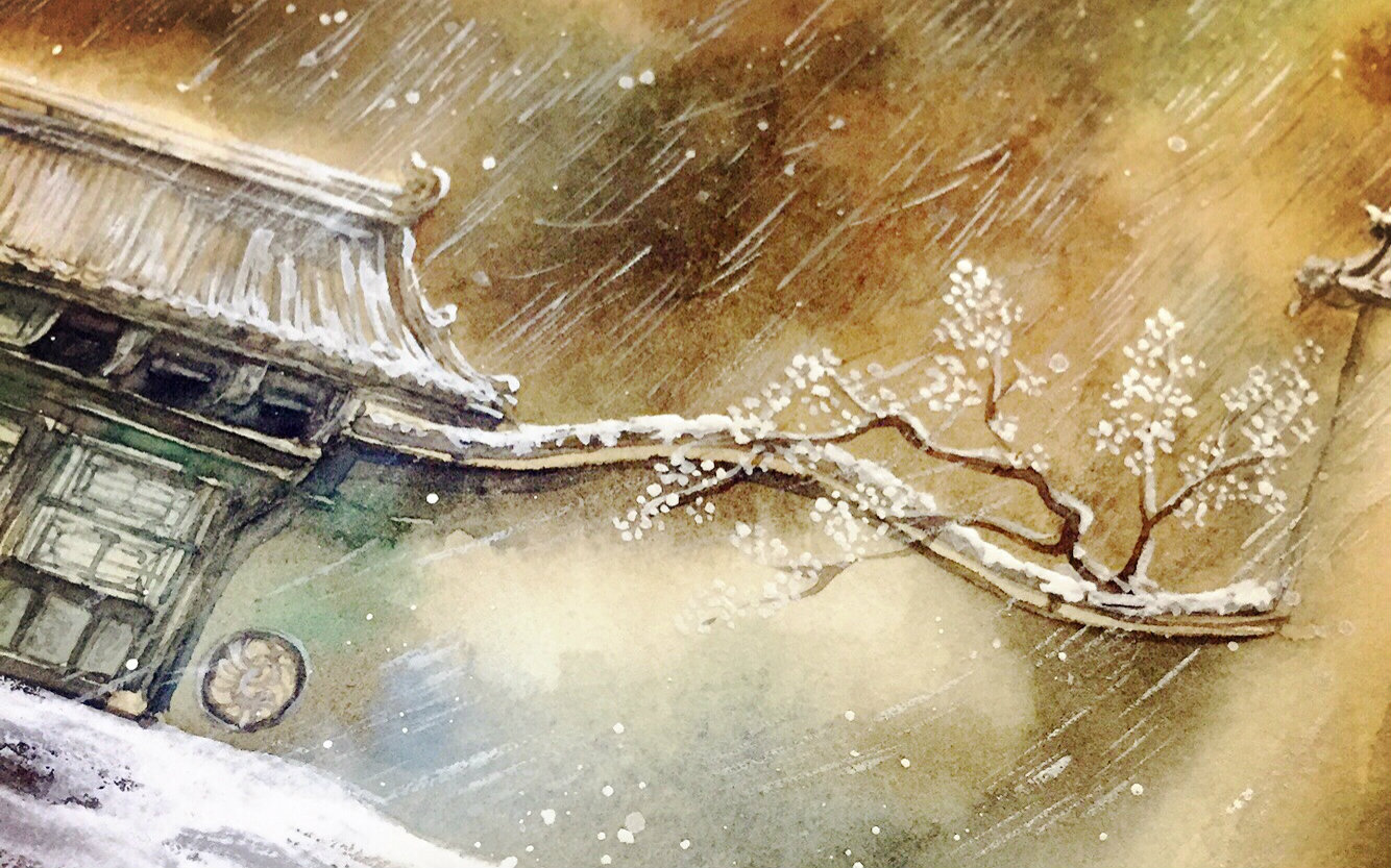 大姑【手绘水彩】古风插画雪夜老宅-据说这屋叫妹子