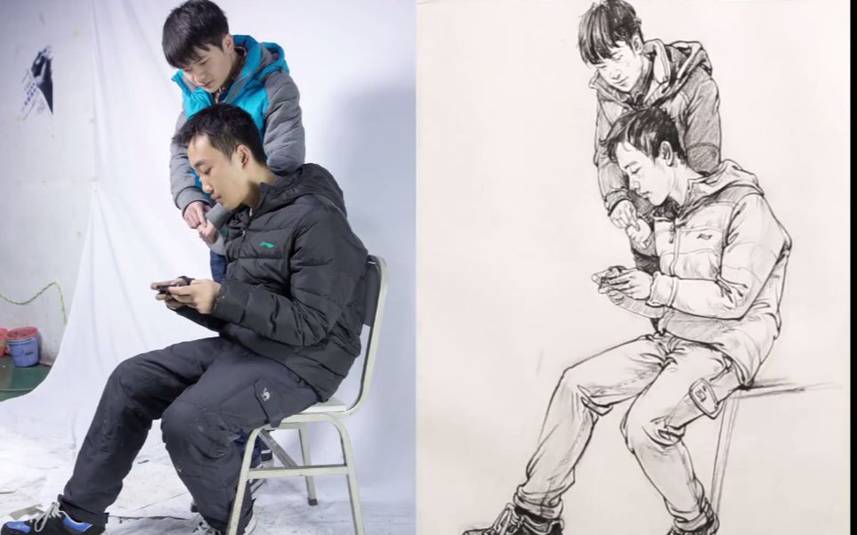 中级组合速写两个男青年一坐一站看手机 北京华艺名画室_哔哩哔哩 (゜
