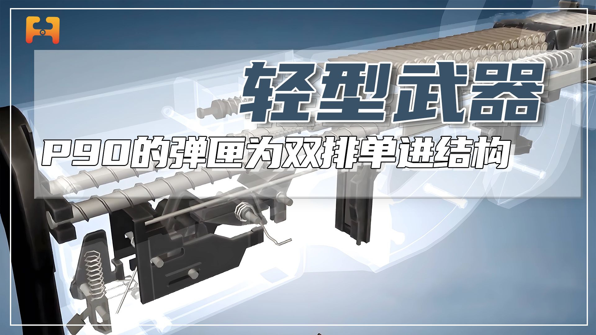 p90冲锋枪的弹匣,为双排单进结构位于枪管上方