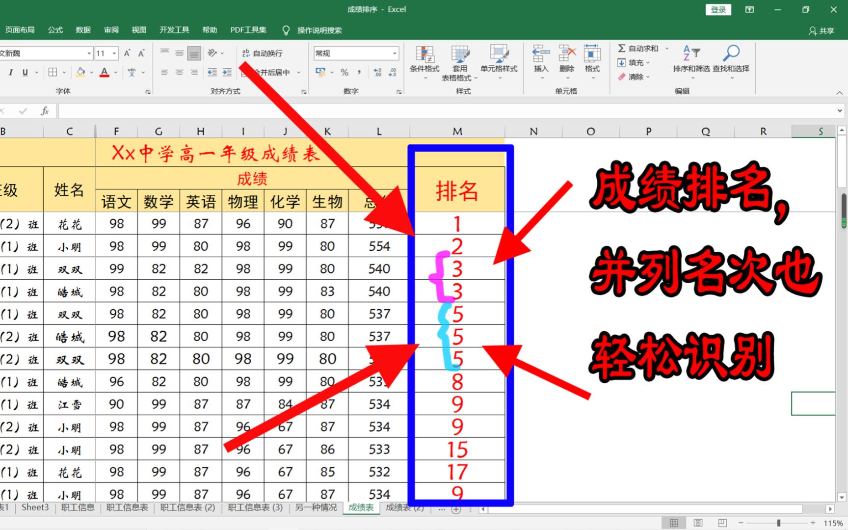 Excel表格一个简单函数搞定学生成绩名次排名,自动识别并列名次哔哩哔哩bilibili