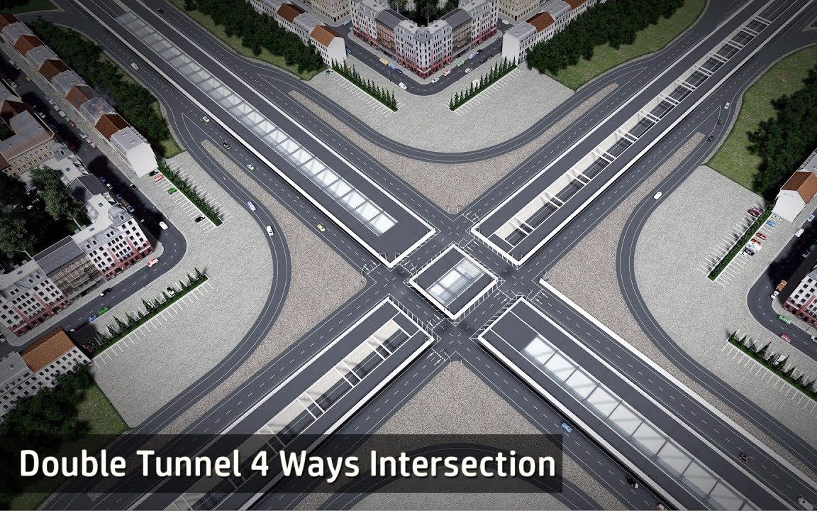 【都市天际线路口】双隧道路口建造 Double Tunnel under 4 Ways Intersection哔哩哔哩bilibili