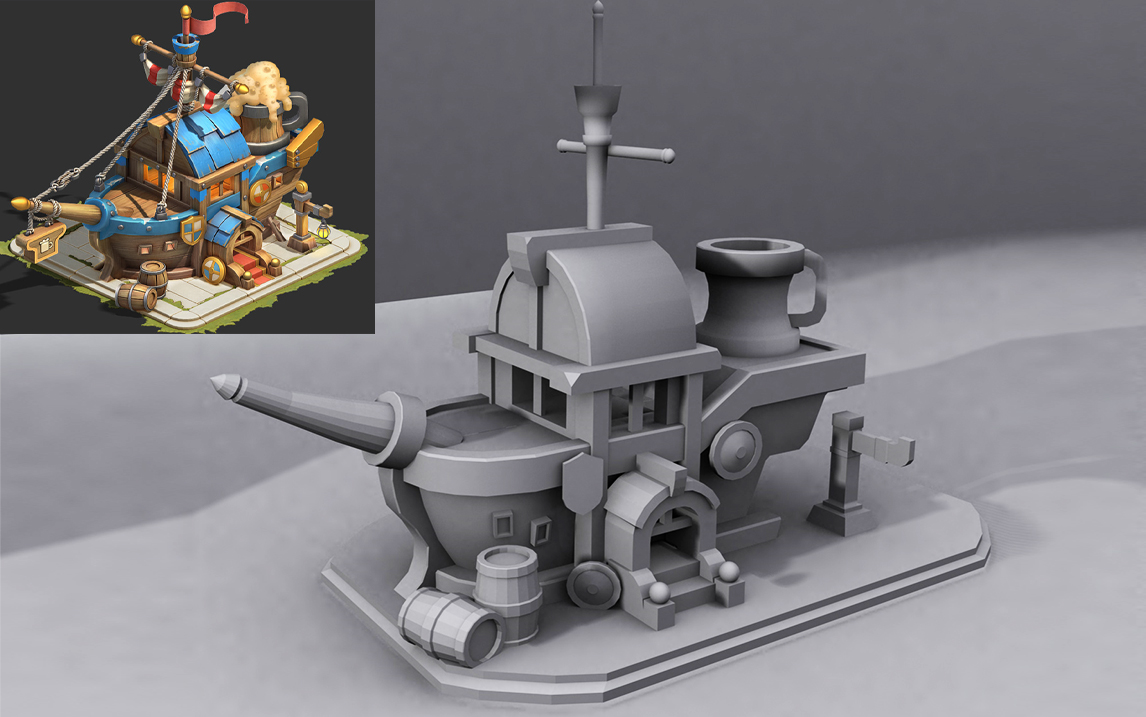 【3dmax建模】次世代道具"海盗船"模型建模到sp材质贴图制作,载具模型