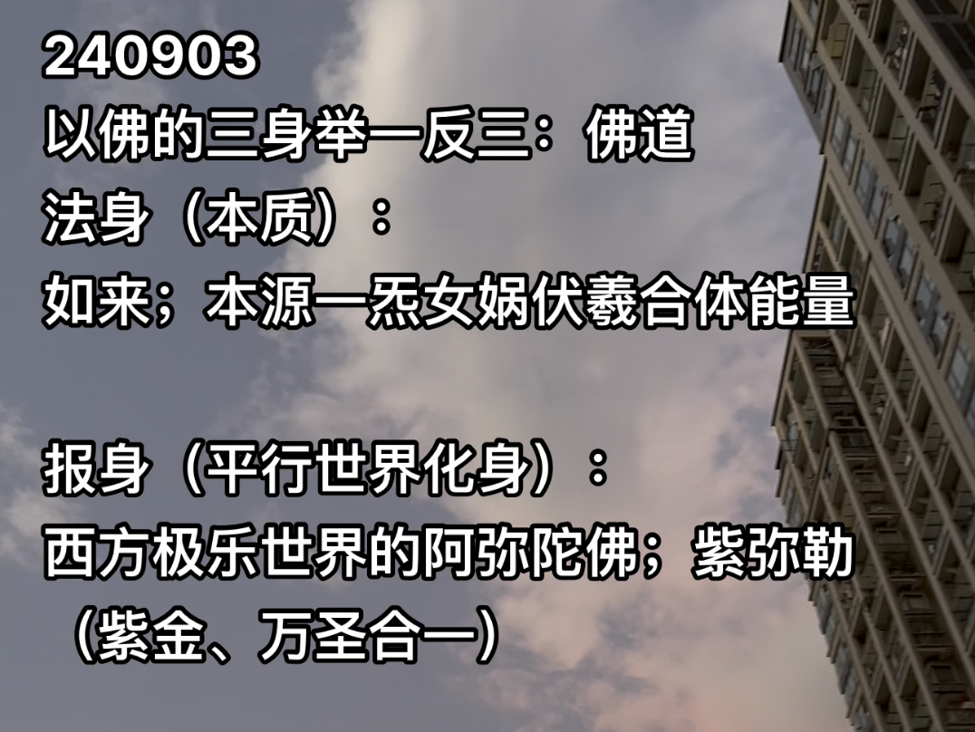 240903以佛的三身举一反三:佛道法身(本质):如来;本源一炁、女娲伏羲合体能量报身(平行世界化身):西方极乐世界的阿弥陀佛;紫、弥勒(紫金...