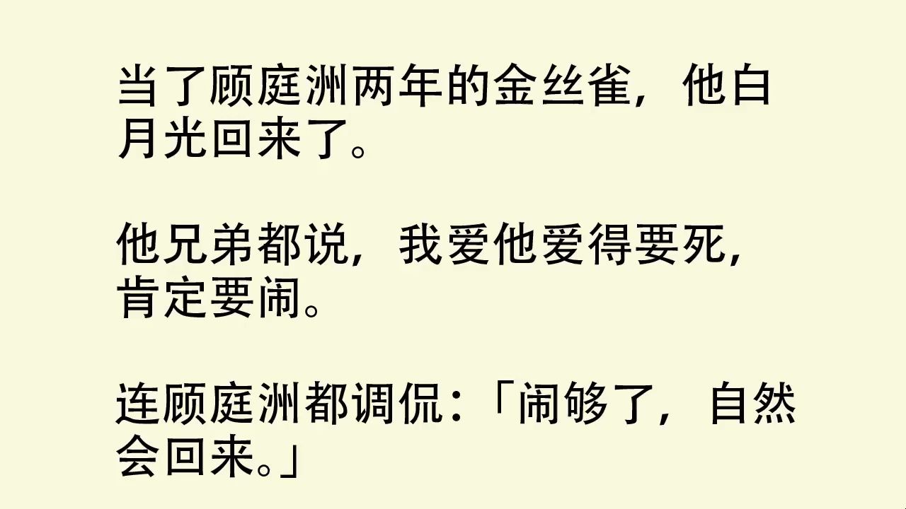 [图]当了顾庭洲两年的金丝雀，他白月光回来了。他兄弟都说，我爱他爱得要死，肯定要闹。连顾庭洲都调侃：「闹够了，自然会回来。」可惜，我不装了。