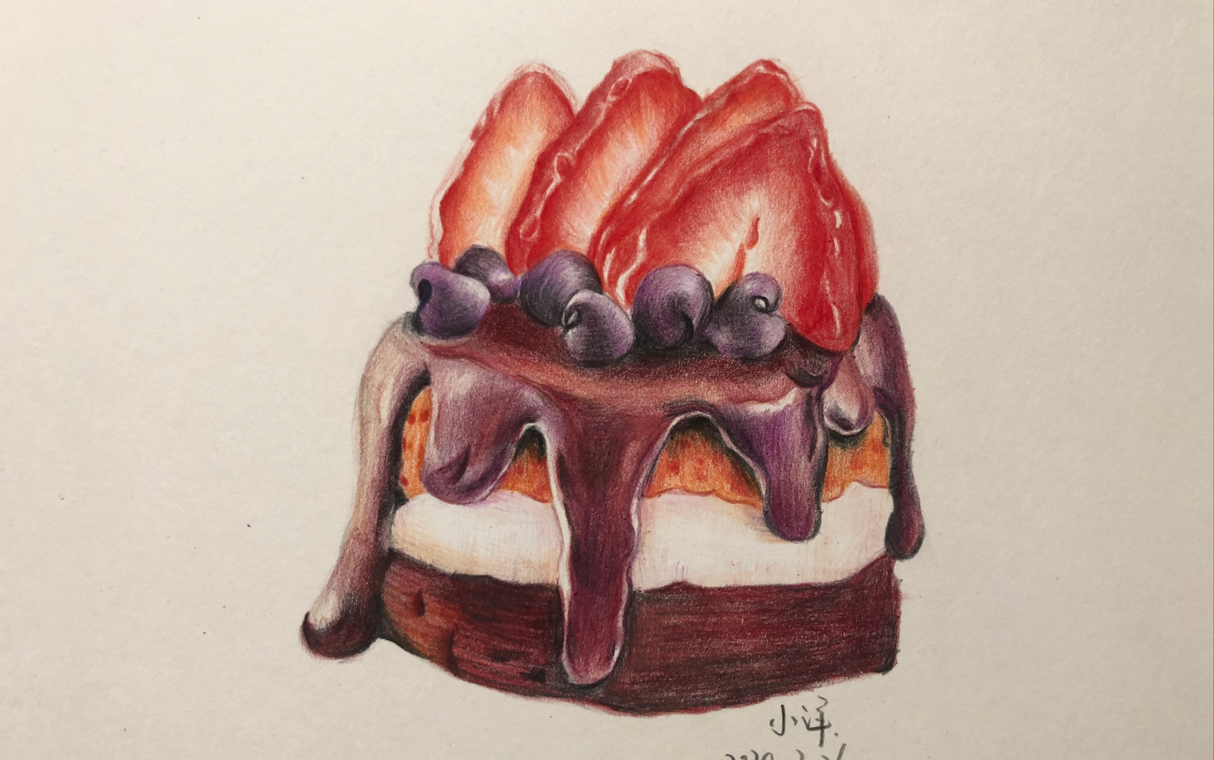 【彩铅手绘】一块草莓巧克力蛋糕_哔哩哔哩_bilibili