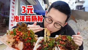 Download Video: 终于吃到了泡沫箱肠粉！3元一份配料还能随意加！震惊了！爽滑Q弹的肠粉混着各种配料一起真的巨好吃！