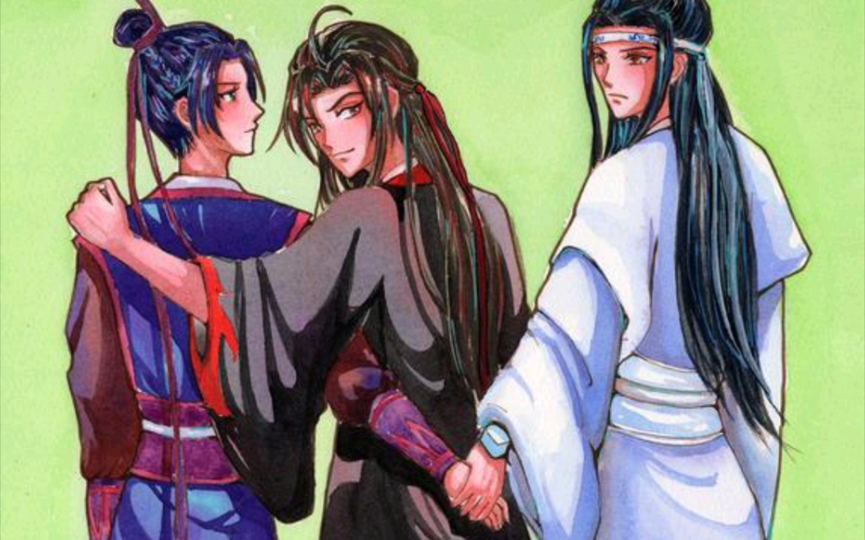 澄澄看着羡羡～牵着蓝忘机!羡羡搂着澄澄～看着蓝忘机!