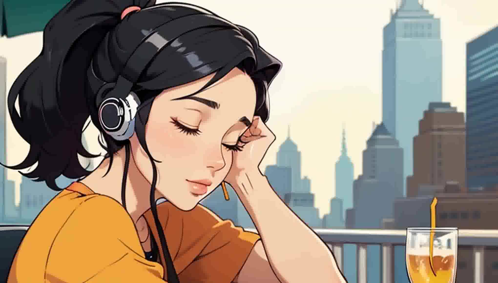 一个戴着耳机的女孩舒服地坐在加德满都的寺