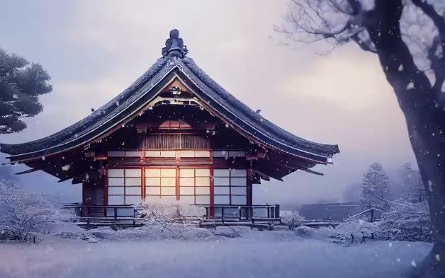 【白噪音】风雪中的日式庭院 飘落的雪花 厚厚的积雪 白色冬季氛围