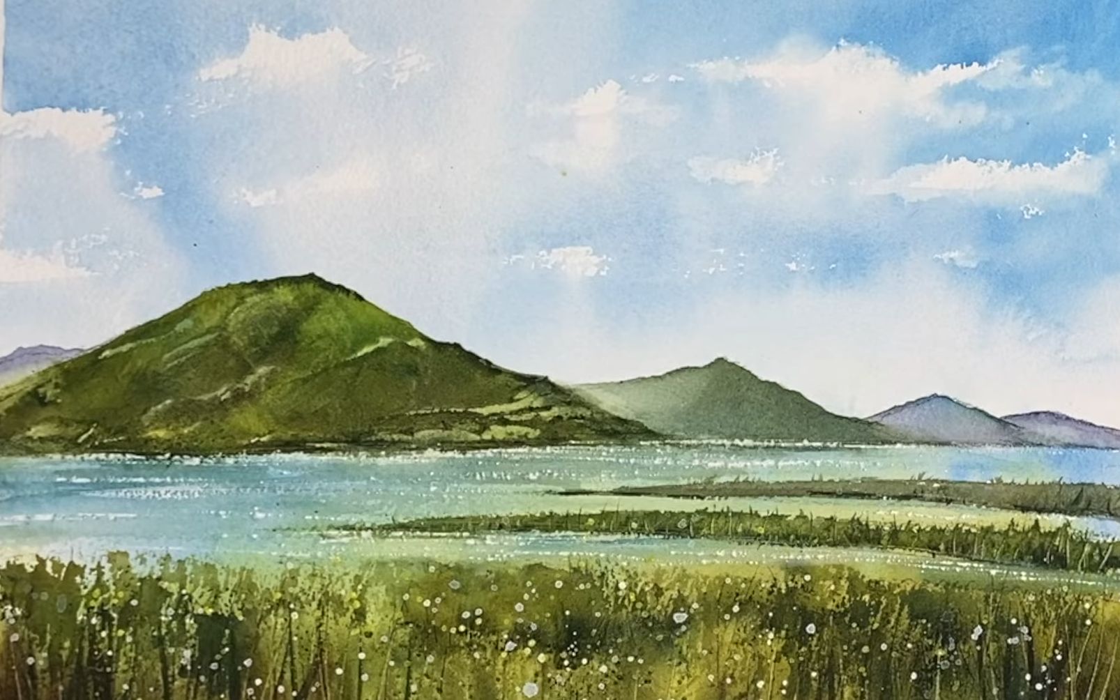 天空,山水,草地 --- 一幅漂亮的水彩风景画,适合初学者