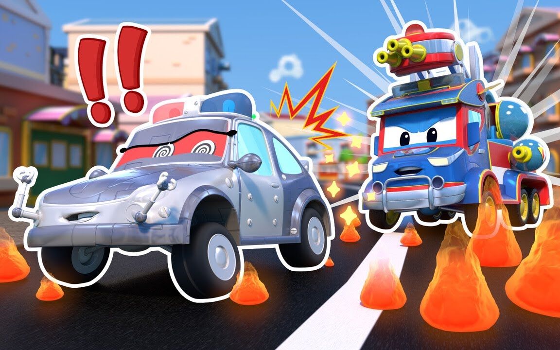 勇敢的超级消防车从坏警察机器人手中拯救城市 道路安全 汽车动画