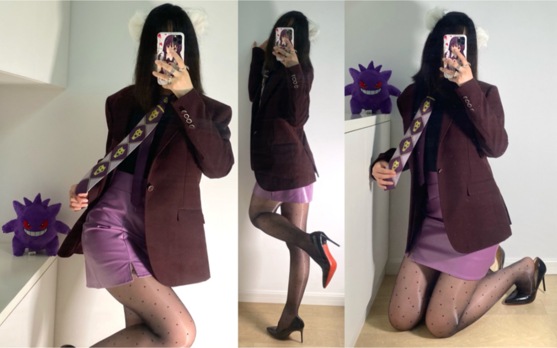 【170cm50kg微胖肉肉身材】黑丝波点油亮袜和紫色包臀裙西装ol风格的