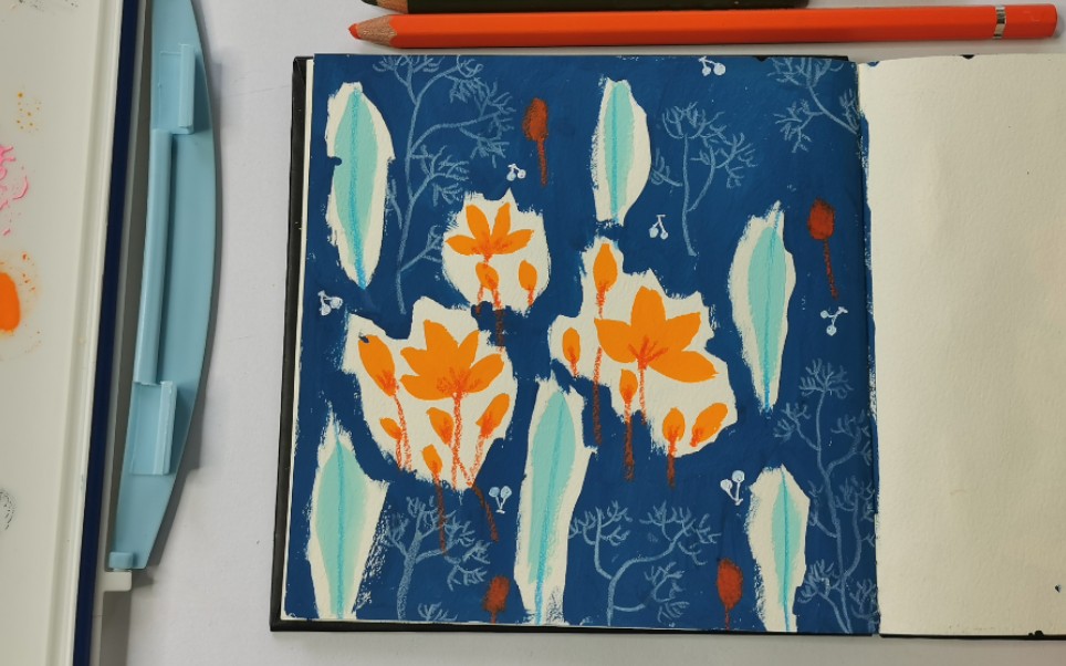 手绘植物插画脱胶水粉与彩铅