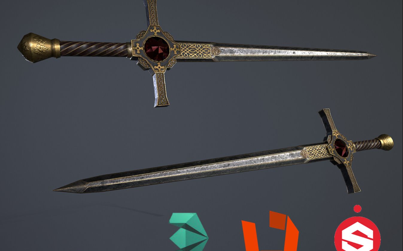 【3dmax建模】黄金剑硬表面布线教学,模型卡线,uv拆分,材质贴图制作