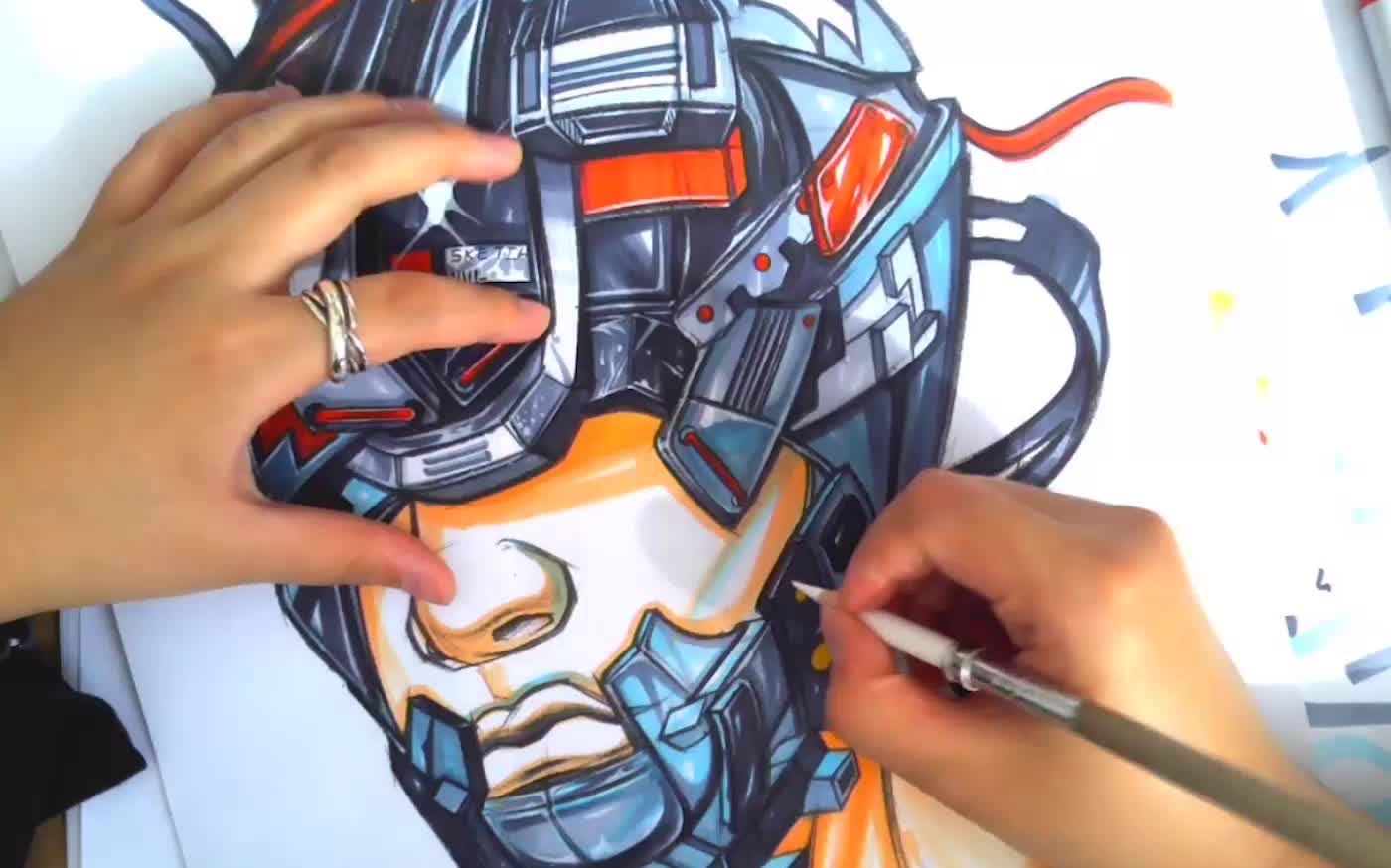 头盔线稿及马克笔上色