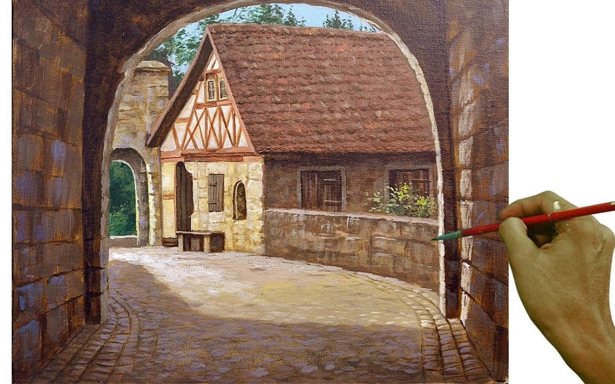 【丙烯画】【绘画教程】老镇的房子-acrylic landscape painting in