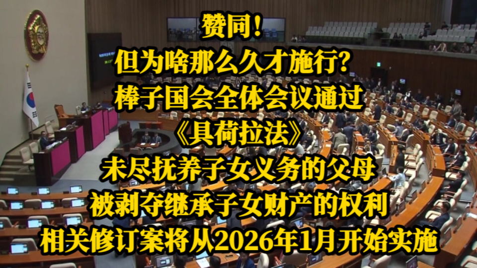 赞同!但为啥那么久才施行?棒子国会全体会议通过《具荷拉法》,未尽抚养子女义务的父母被剥夺继承子女财产的权利,相关修订案将从2026年1月开始实...