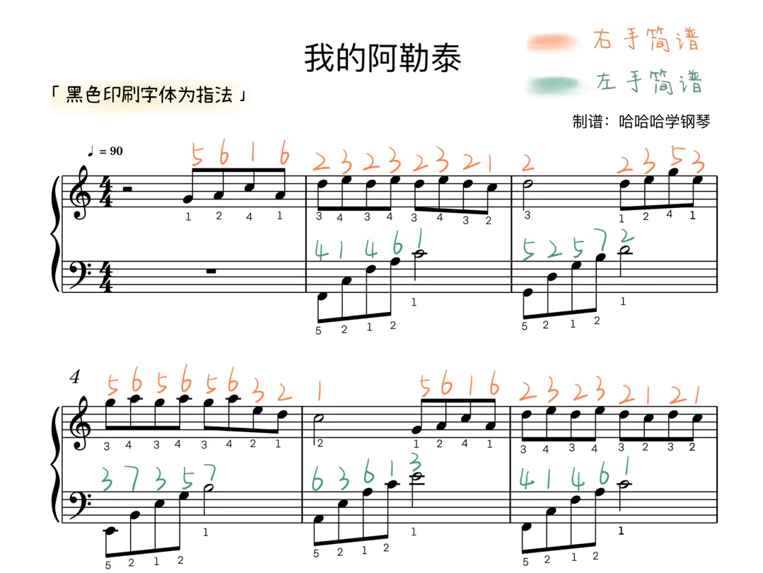 《我的阿勒泰》钢琴五线谱 指法 简谱 曲谱为c调