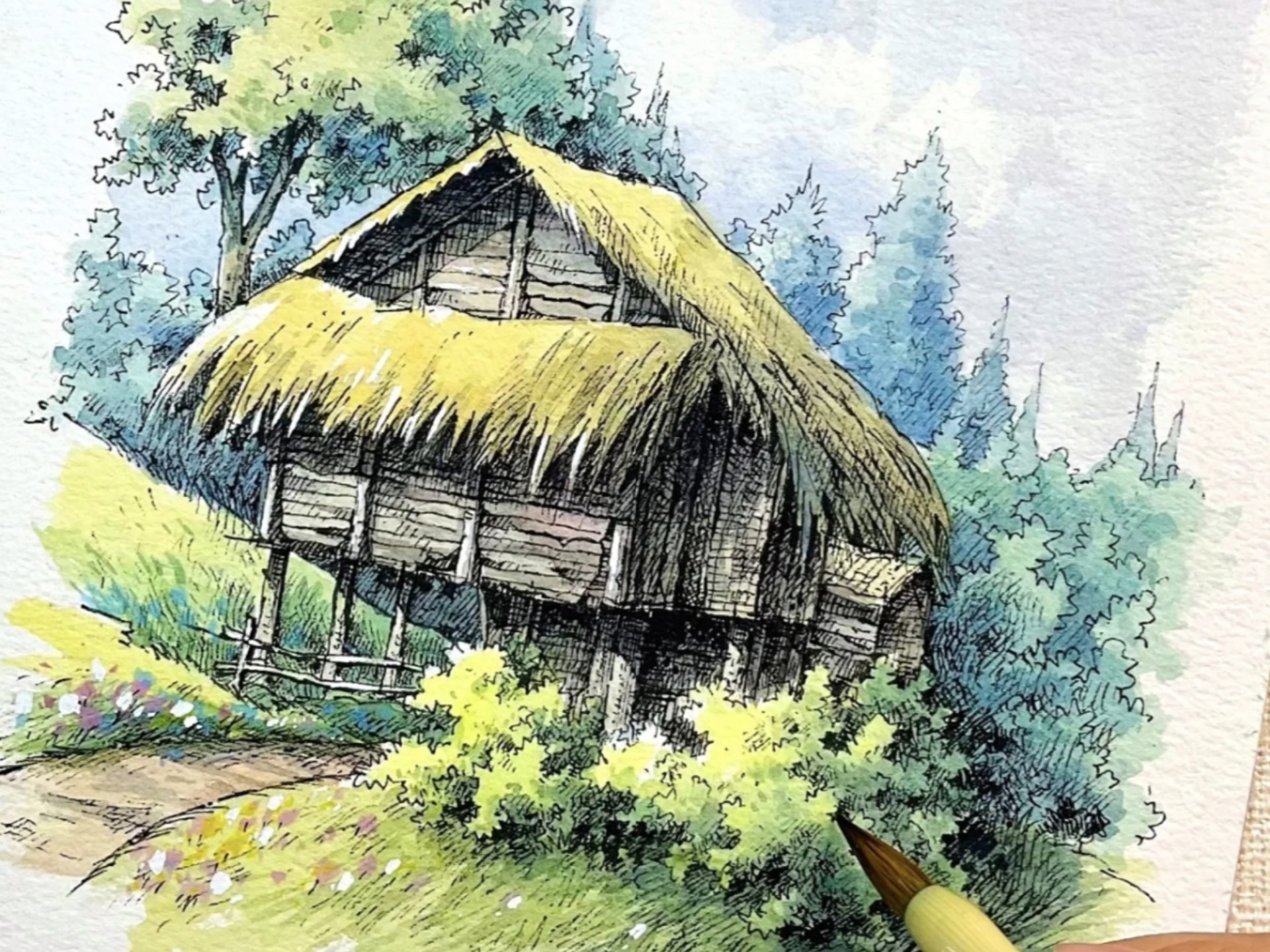 钢笔淡彩:童话森林里的梦幻小屋