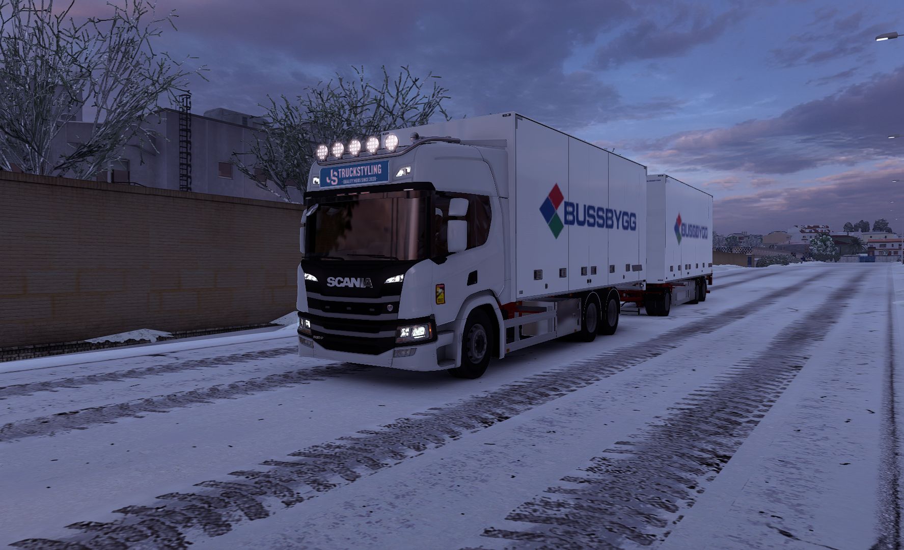 euro truck simulator 2 雪夜,斯堪尼亚p500,雪花,夜晚