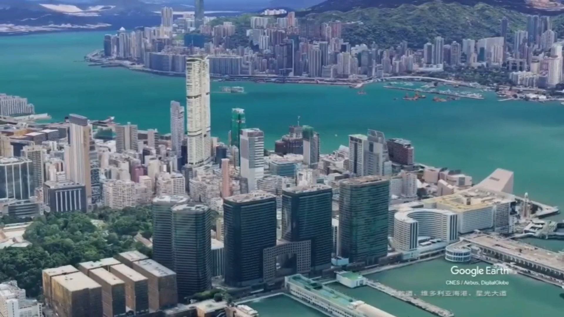 模擬航拍中國香港環繞旋轉維多利亞港googleearth