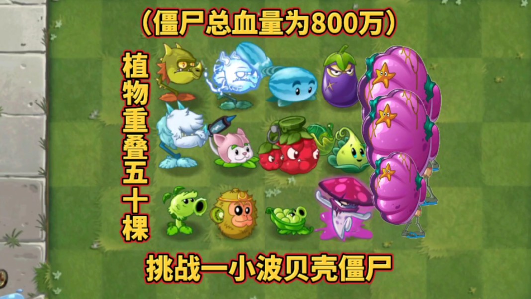植物重叠种植,挑战一小波总血量为800万的贝壳僵尸小队
