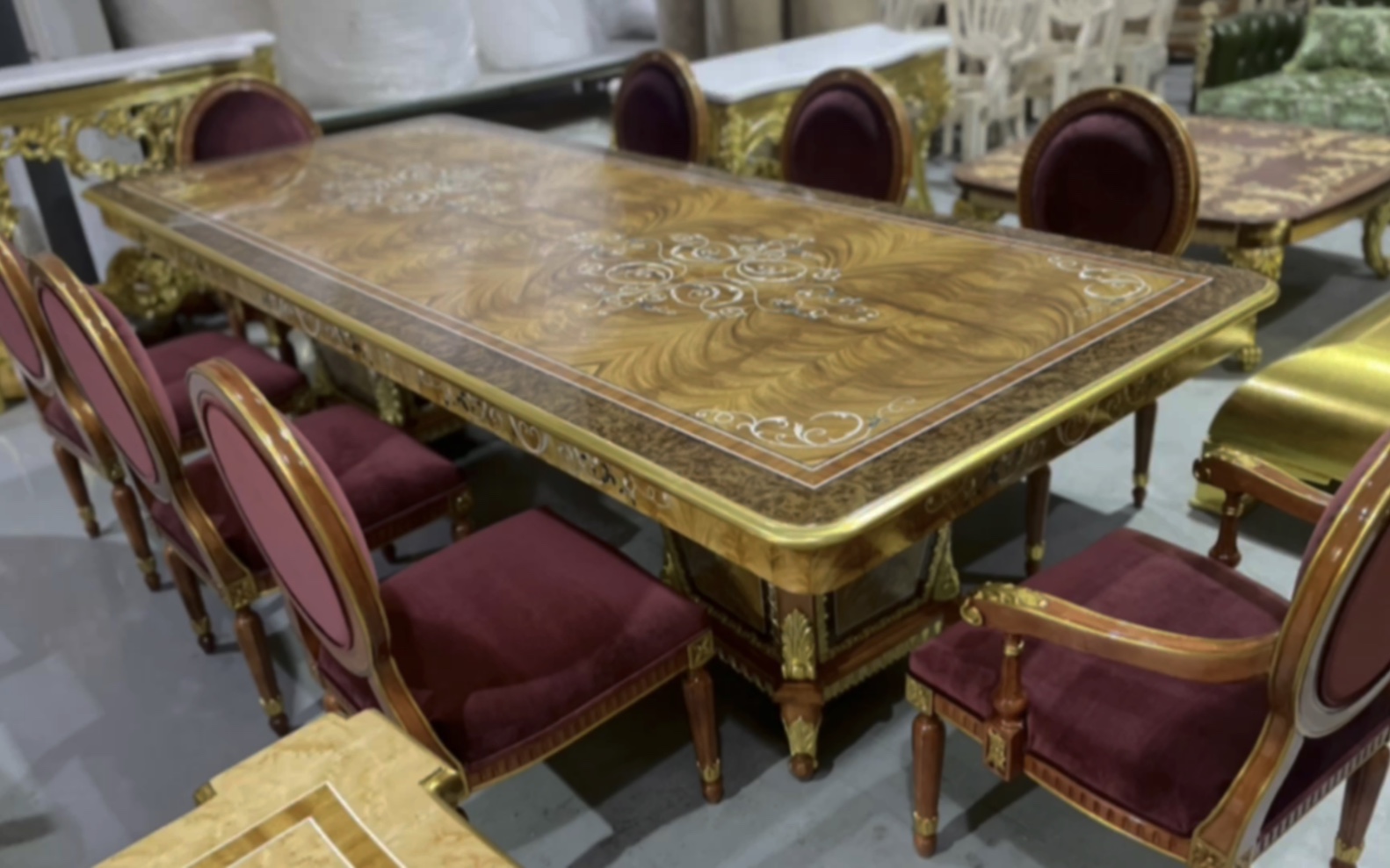 雅致古典家具79贴皮拼花长餐桌