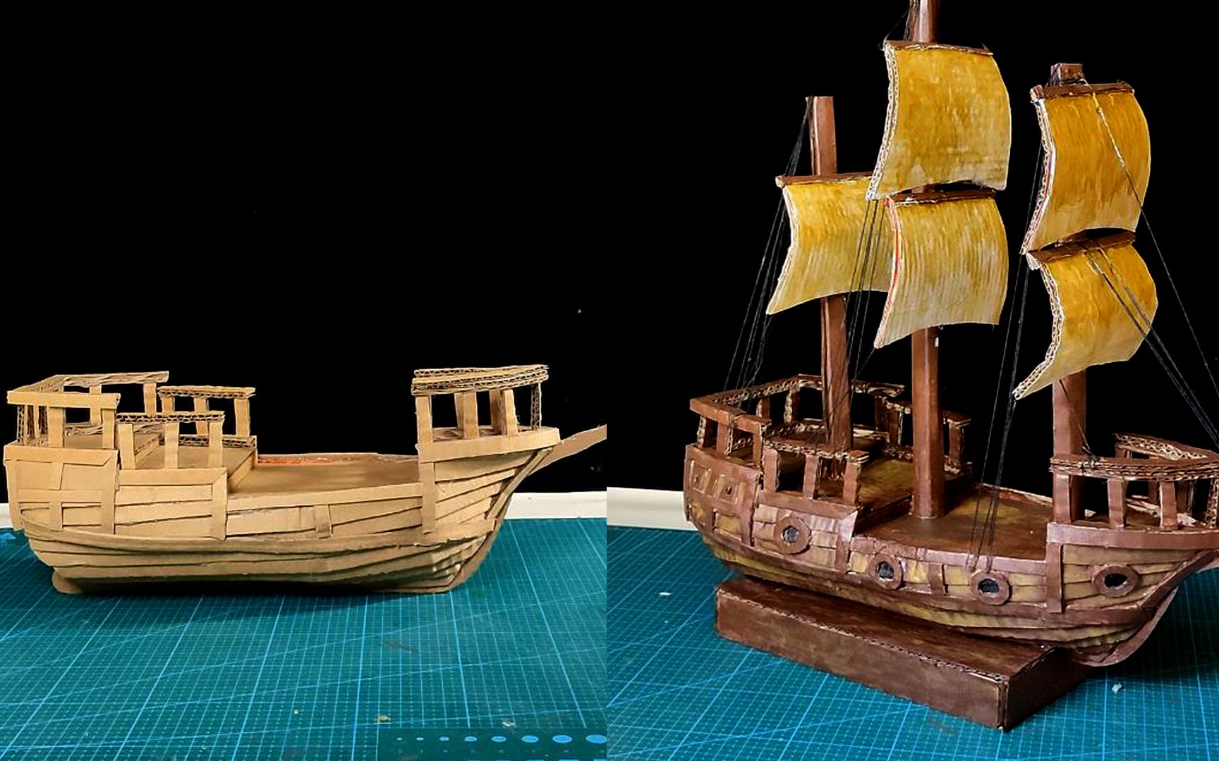 废纸箱手工打造的海盗船,我用了三天时间