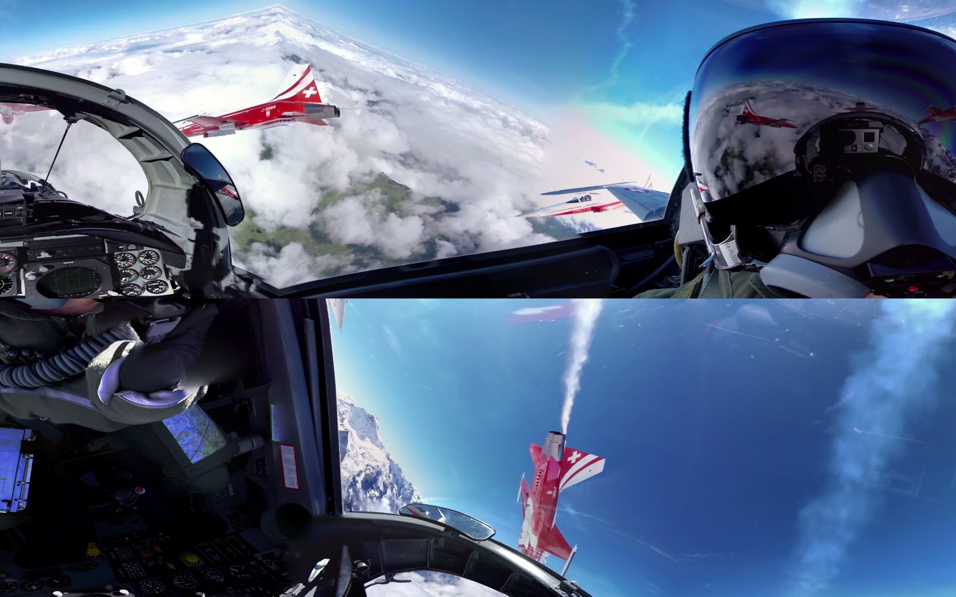 瑞士空军 f-5 战斗机驾驶舱的 360° 全景电影,"patrouille suisse"