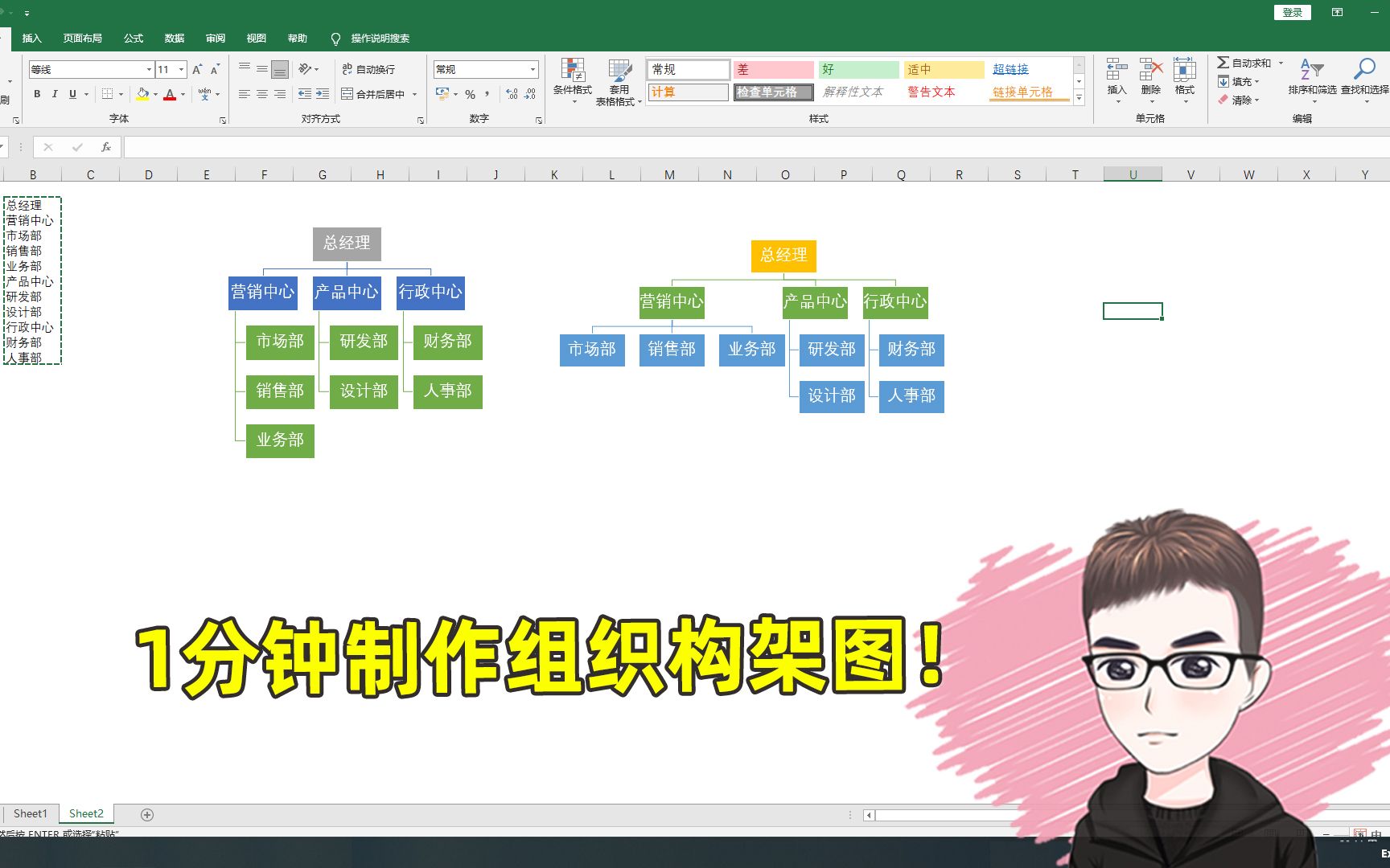 Excel小技巧:1分钟制作组织架构图!哔哩哔哩bilibili