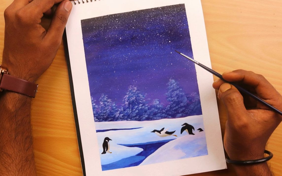 【丙烯画】【绘画教程】penguins invade iceland-冰岛的企鹅们
