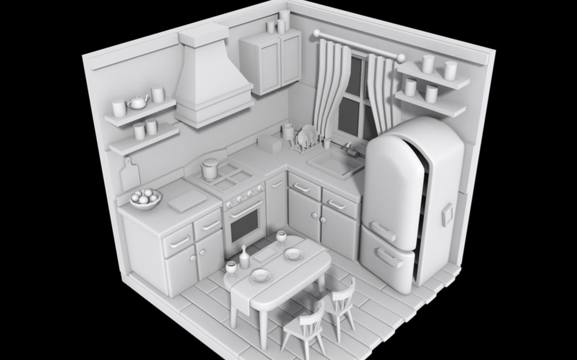 【3dmax建模】室內小廚房場景建模,零基礎場景模型建模思路技巧講解