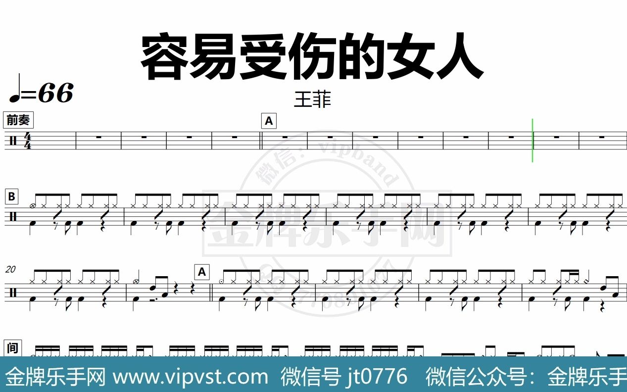 金牌乐手网dt0648王菲容易受伤的女人鼓谱动态鼓谱无鼓伴奏drumcover