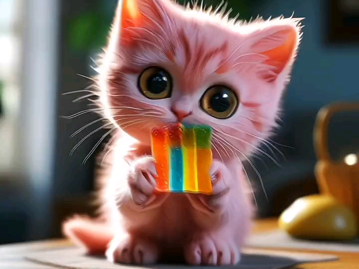 小粉猫吃糖