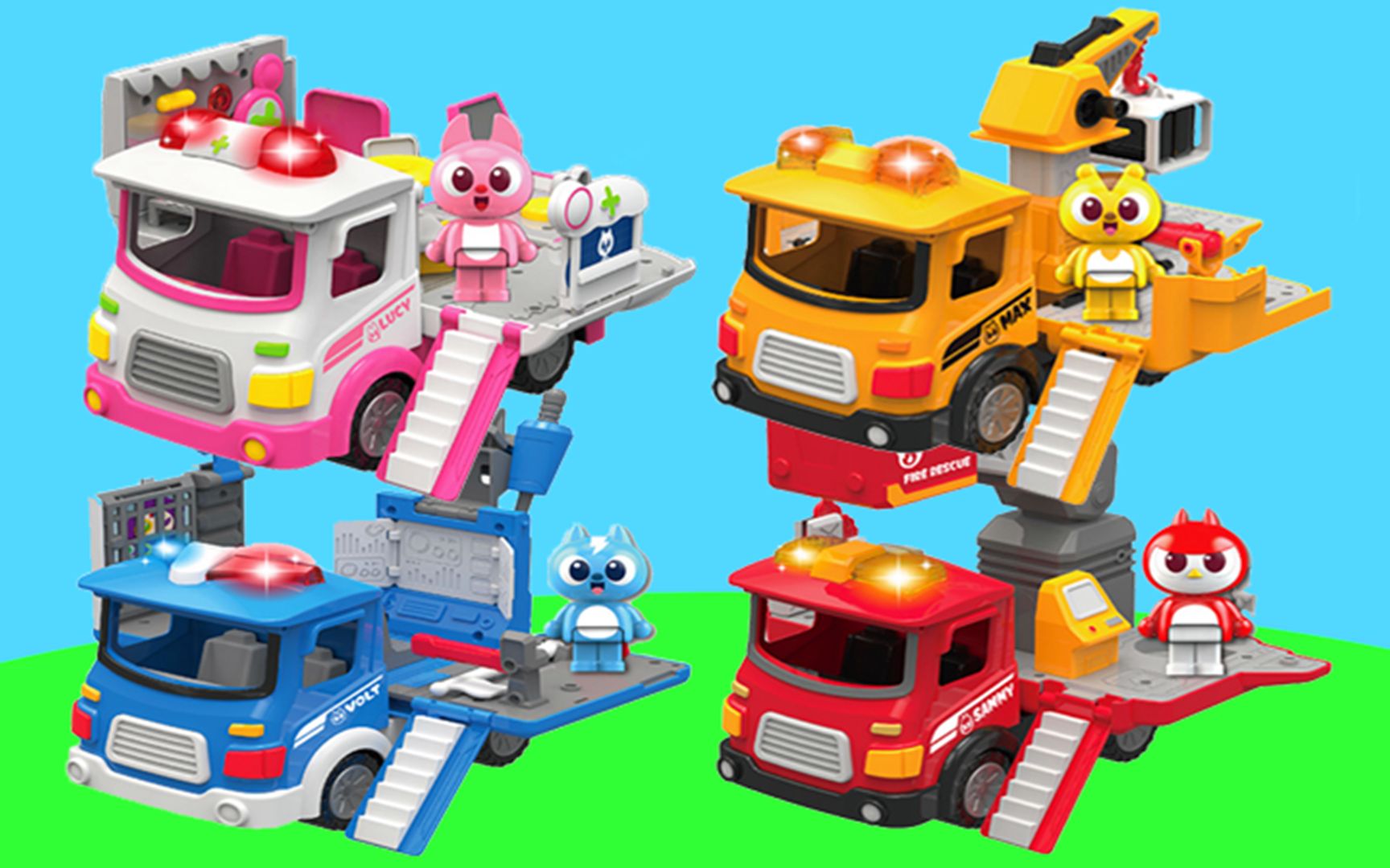 试玩迷你特工队变形声光场景车,有警车消防车救护车和吊车