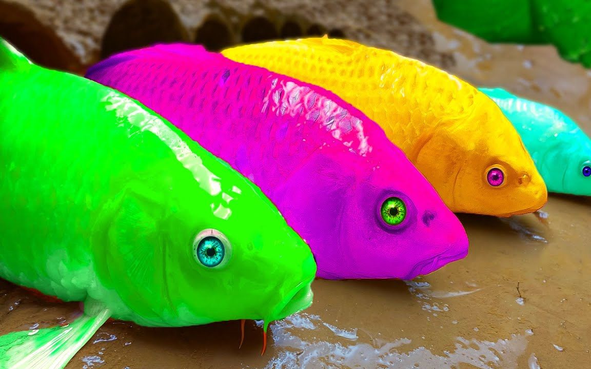 定格动画五颜六色的编队鱼孔洞实验彩虹鲶鱼和零食鸡蛋