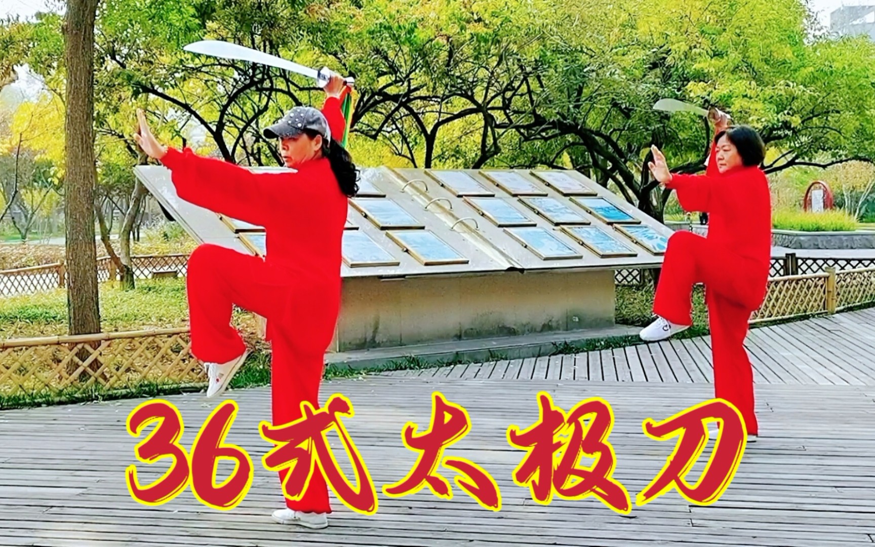 天津早晨,双人展示《36式太极刀》中山门公园